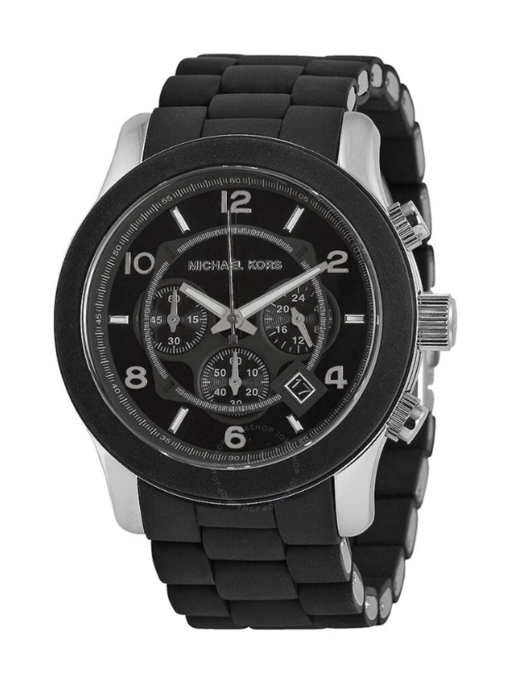 Michael Kors Black Silver Chronograph Silicone Watch New Batteries w/MK Dust Bag